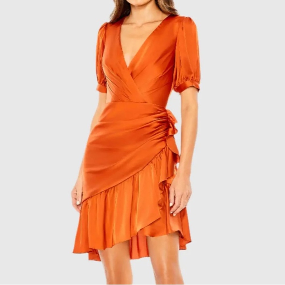 Mac Duggal Puff Sleeve Faux Wrap Mini Dress Burnt Orange Size 4 NWT